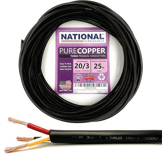NATIONAL Wire & Cable – 20 AWG 3-Conductor Premium Copper Wire, 25 ft, Stranded by NATIONALWireCable