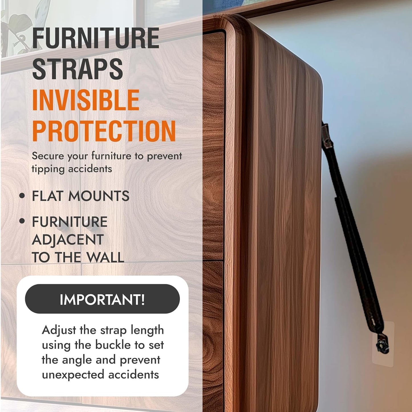 TV Safety Straps - Anti-Tip Furniture Straps for Baby Proofing - Adhesive Non Drill TV Straps Safety for Flat Screen - 2 Pack Adjustable Earthquake Straps - Wall Furniture Anchors for Baby Proofing
