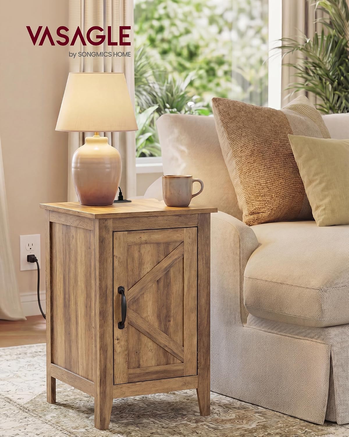 VASAGLE LIRY Collection - End Table with Charging Station, Side Table with Storage Cabinet, Night Stand for Living Room, Bedroom, Home Office, Warm Brown ULET131K101S