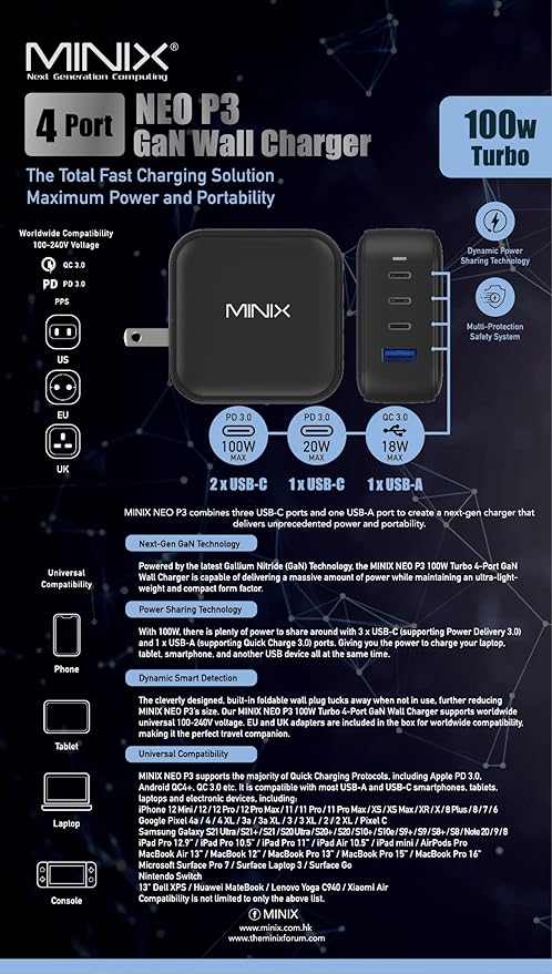 MINIX NEO P3 100W Turbo 4-Port GaN Wall Charger, 3 x USB C port Fast Charging - Image 8