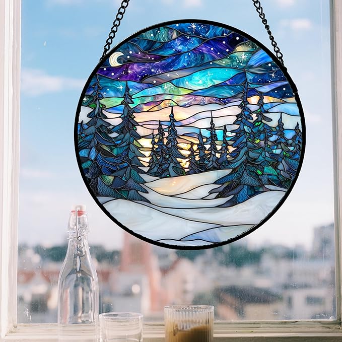 DASTOLL Stained Glass Window Hanging, Starry Sky Trees and Snow Sun Catchers - Image 4