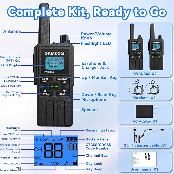 SAMCOM Walkie Talkies for Adults Long Range Rechargeable 2 Pack FWCN30A 2 Way - Image 9