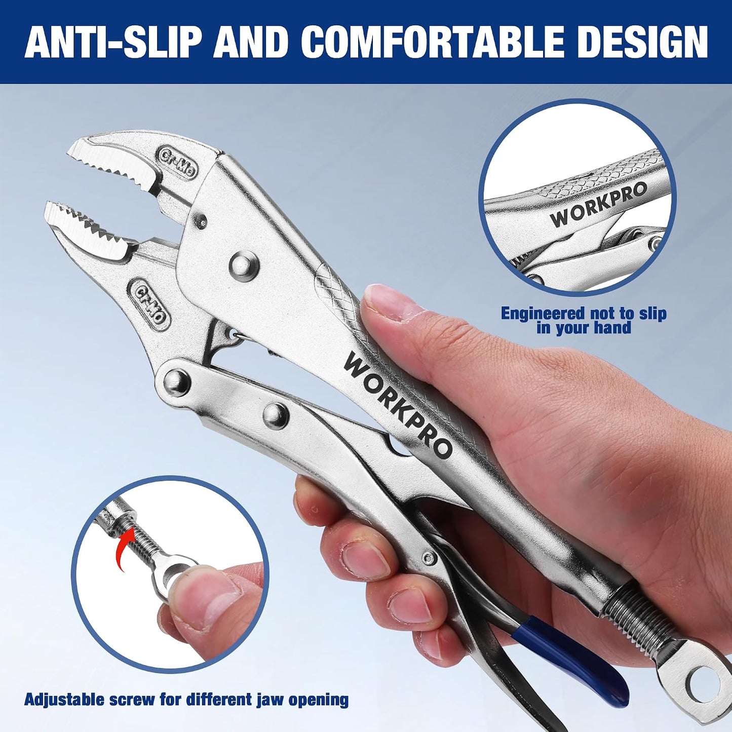 WORKPRO 5-Piece Locking Pliers Set, 5"/7"/10" Curved Jaw & 6.5"/9.5" Long Nose, CR-MO Steel Construction with Perforated Screw, Multipurpose Clamping Tool Kit for Automotive, Welding, and Home DIY