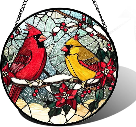 DASTOLL Stained Glass Window Hanging, Love Birds Cardinals Sun Catchers by DASTOLL