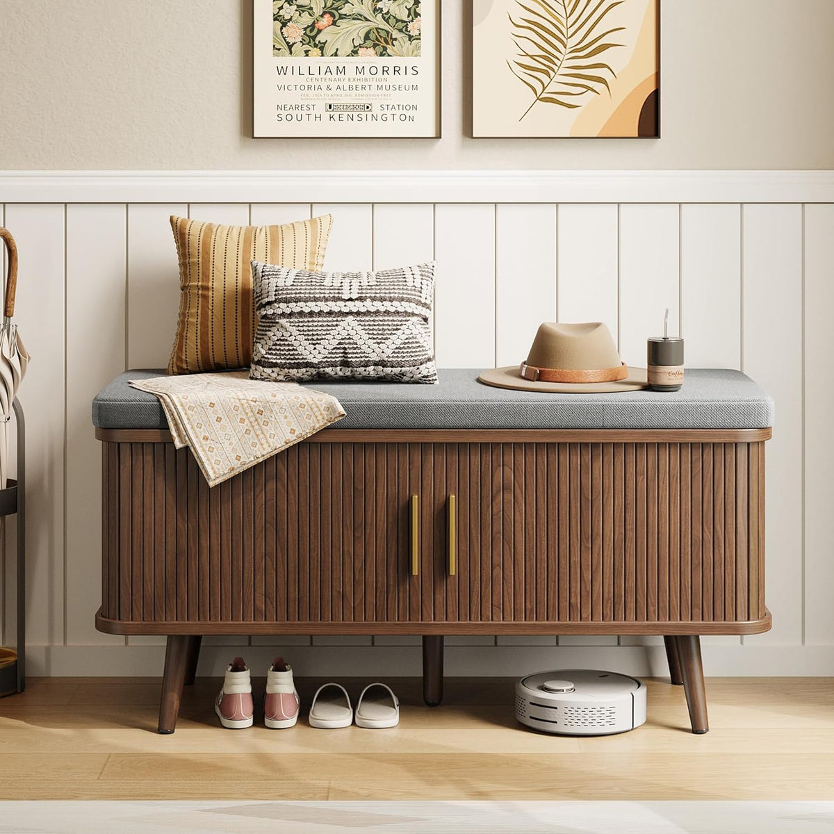 decofy shoe storage bench with cushion and sliding shown in use