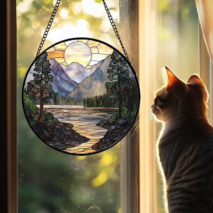 AMDERVEN Stained Glass Window Hanging, Sunset Mountains Lake Tree Sun Catcher - Image 2