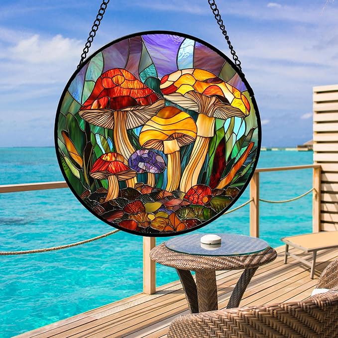 DASTOLL Stained Glass Window Hanging, Jungle Mushrooms Sun Catchers Diamond - Image 4