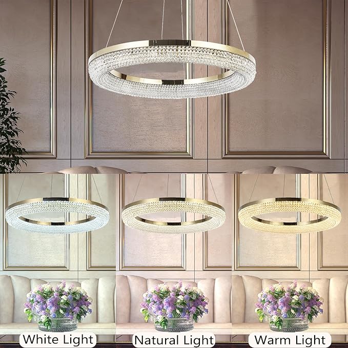 LYICYIU 23.6" Round Crysrtal Stainless Steel Pendant Lamp, 3Color LED Dimmable - Image 4