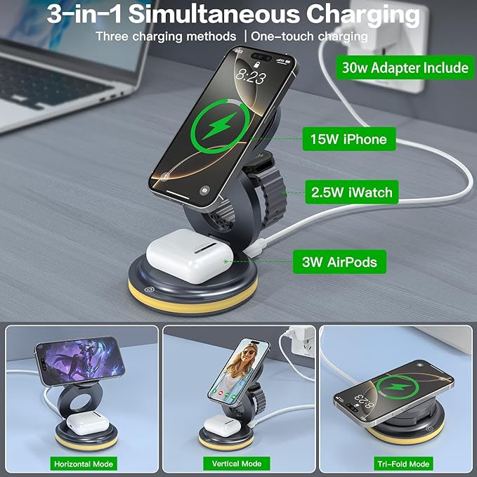 ZealSound 3-in-1 Foldable Magnetic Wireless Charger Stand – 15W Fast Charge - Image 3