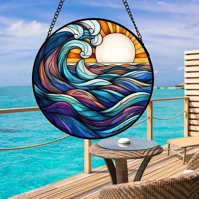 DASTOLL Stained Glass Window Hanging, Big Wave Sun Suncatcher Diamond Glass - Image 4