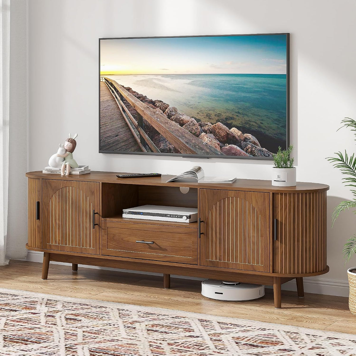 Mxtxmy 70" Fluted TV Stand for Tvs up to 80", Mid-Century Modern Entertainment