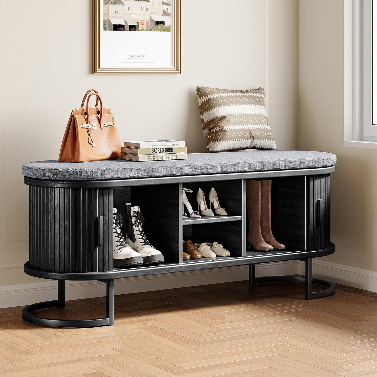 decofy shoe storage bench with cushion and sliding shown in use