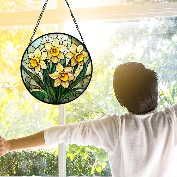 DASTOLL Stained Glass Window Hanging, Daffodil Plant Flowers Sun Catchers - Image 3