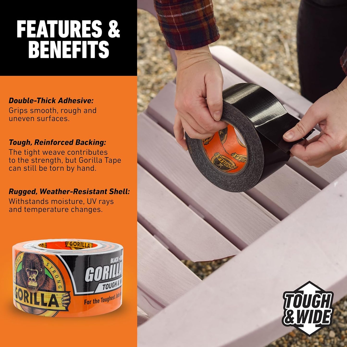 Gorilla Tape Tough & Wide,Black Tape,2.88" x 25 yd - Heavy Duty and Weather Resistant for Indoor or Outdoor,(Pack of 4)