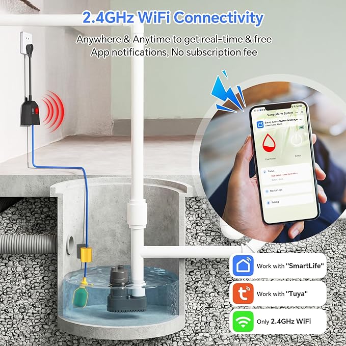 Sump Pump Alarm WiFi, Smart High/Low Water Level Alarm, Free App Notification & - Image 2