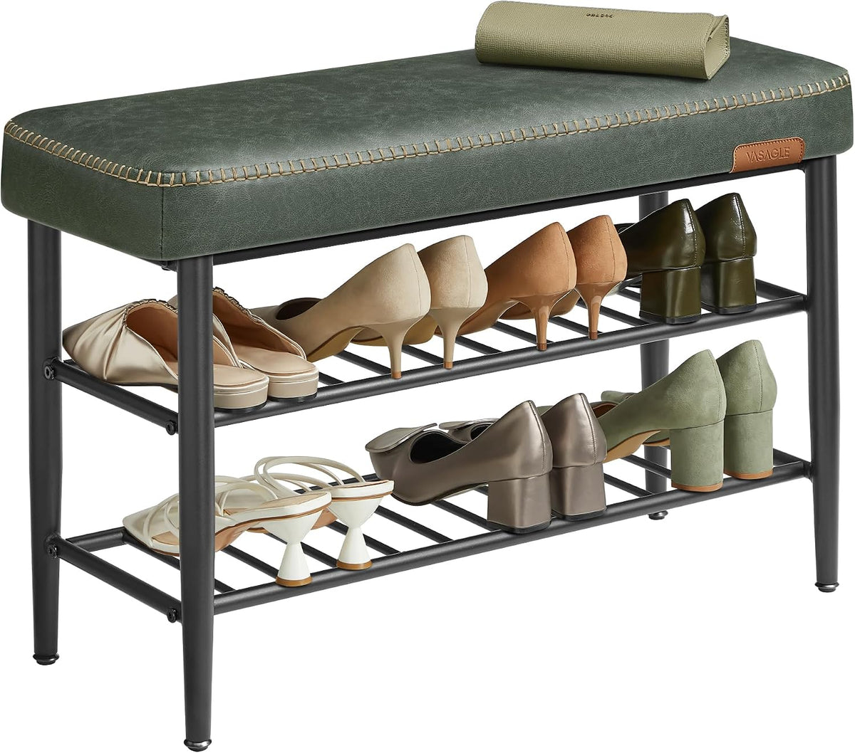 vasagle shoe bench, synthetic leather with stitching, loads, main product view