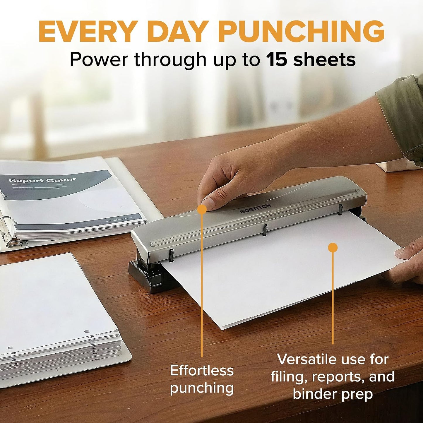 Bostitch Office Premium 3 Hole Punch, 15 Sheet Capacity, Metal, Rubber Base, Easy-Clean Tray, Silver, 2-Pack