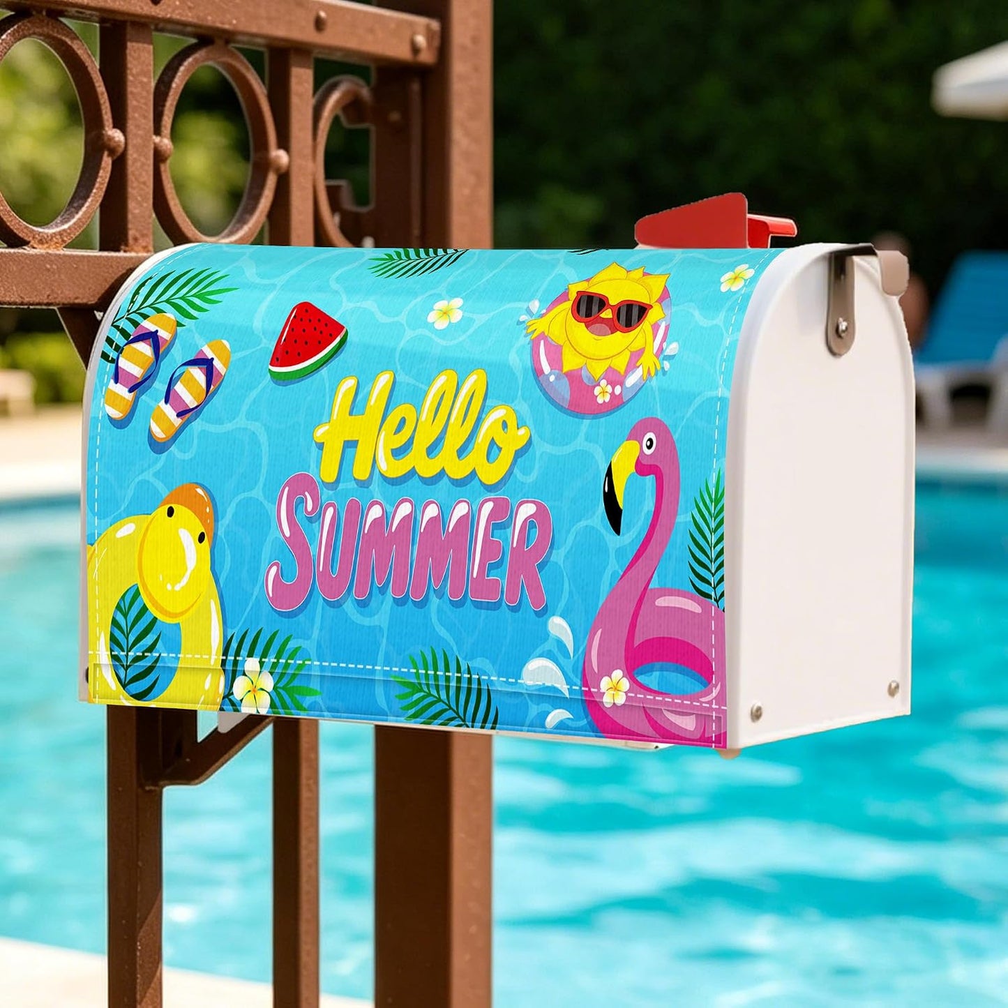 Summer Magnetic Mailbox Covers Standard Size, Flamingo Pool Mail Box Cover with Summer Design, Sunny Outdoor Garden Yard Decor