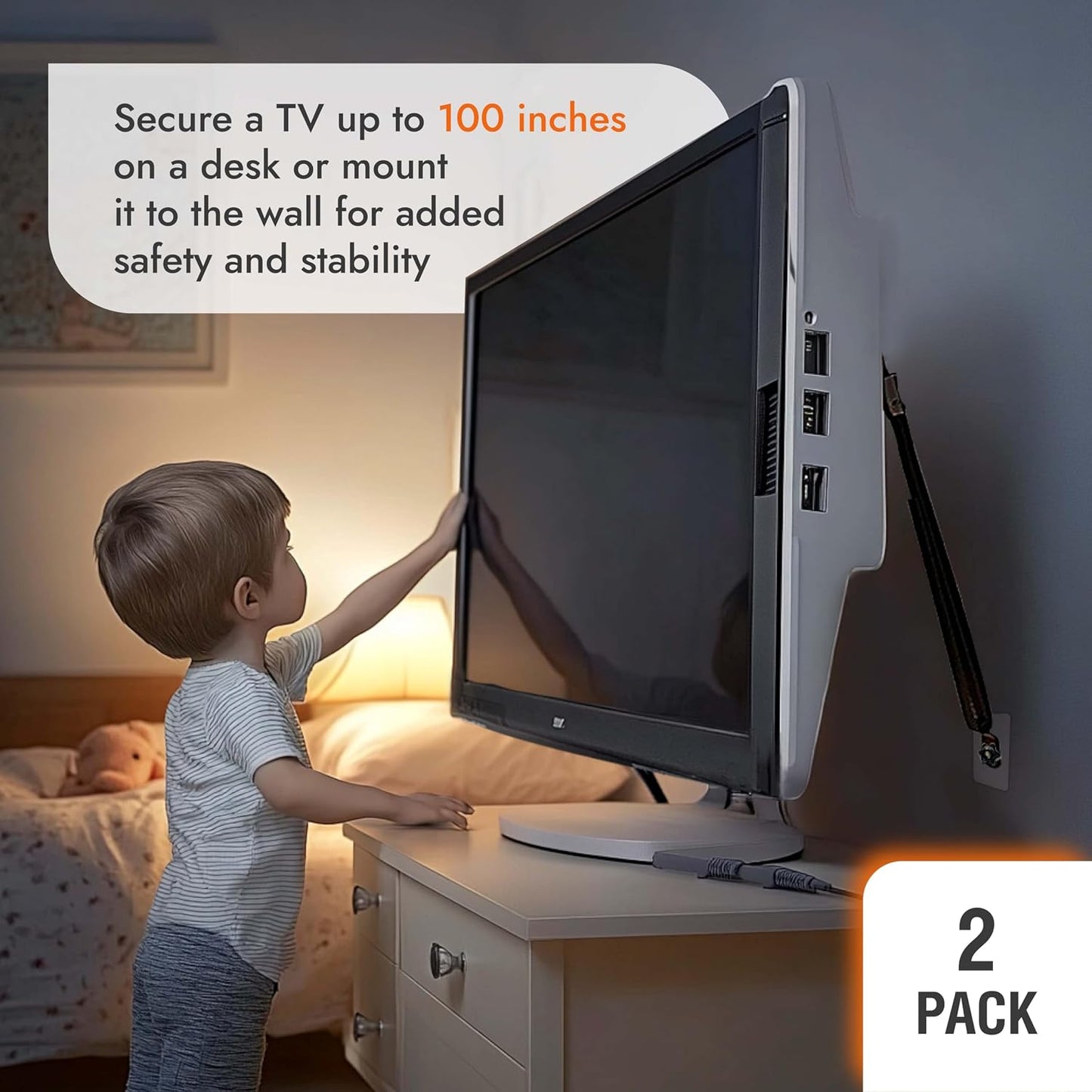 TV Safety Straps - Anti-Tip Furniture Straps for Baby Proofing - Adhesive Non Drill TV Straps Safety for Flat Screen - 2 Pack Adjustable Earthquake Straps - Wall Furniture Anchors for Baby Proofing
