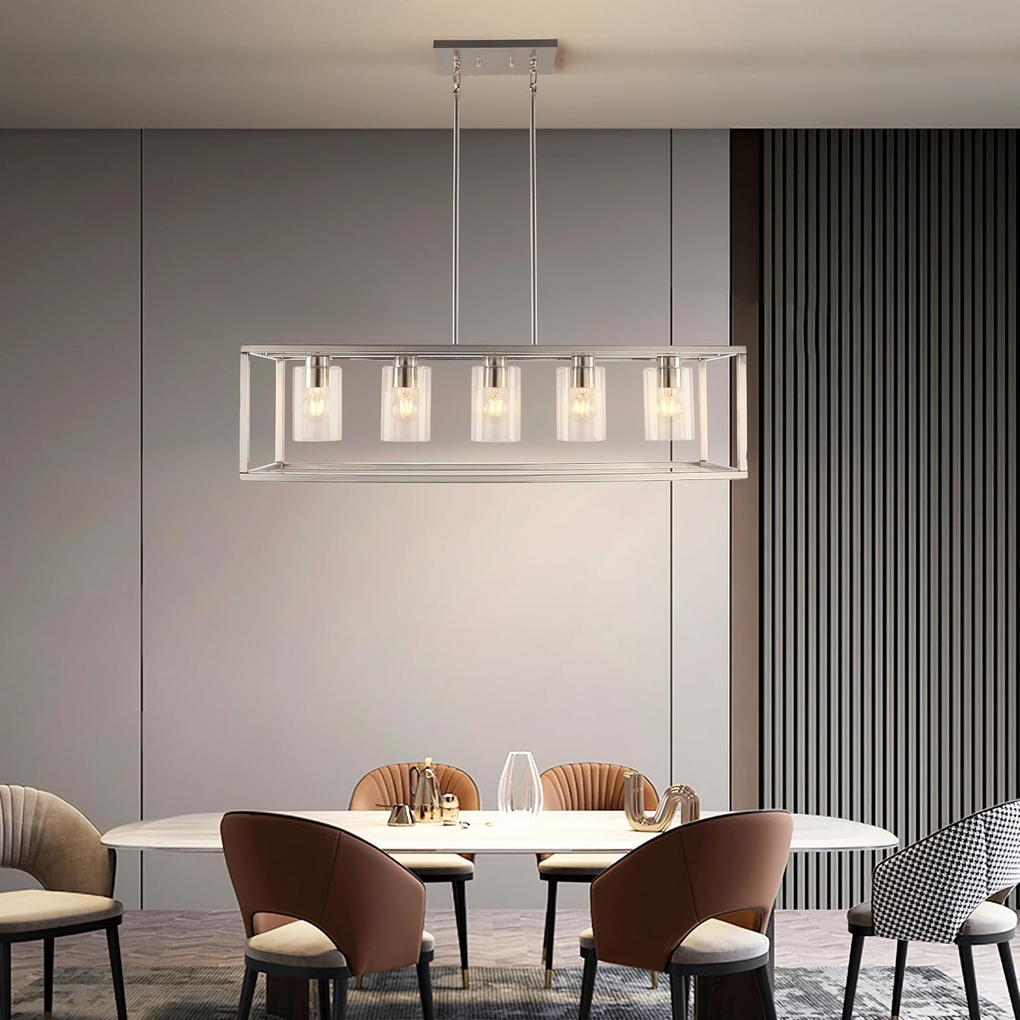 5 Light Chandeliers for Dining Room, Island Room Light Fixture | Sliver Modern Industrial Kitchen Lighting Fixtures Ceiling Easy Installation Pendant Lights for Bar Restaurant-E26 Socket