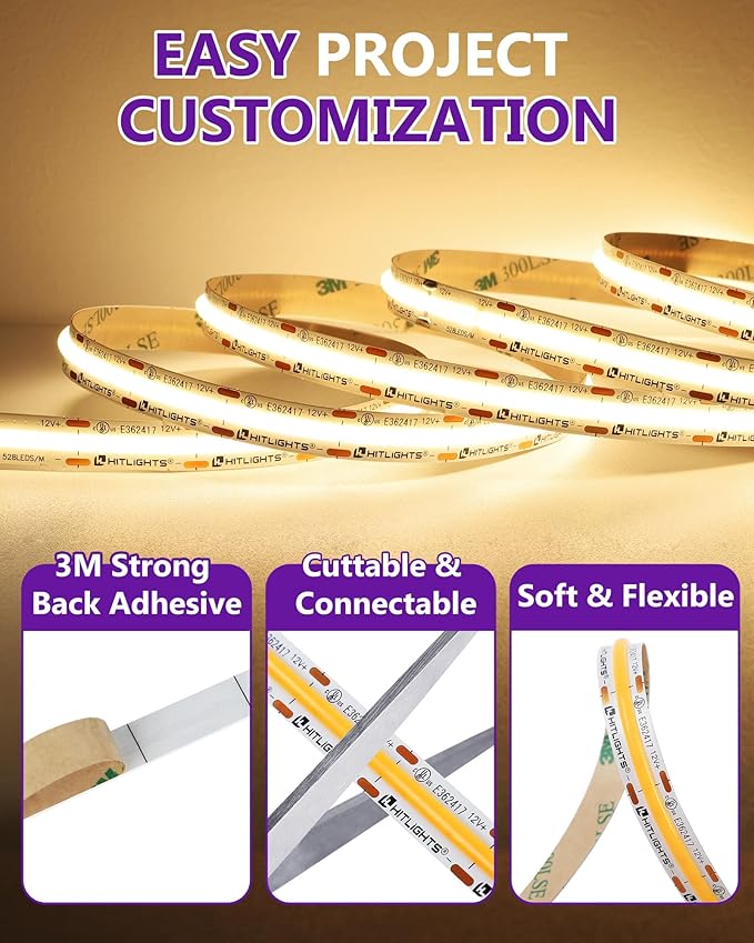HitLights COB LED Strip Lights Warm White, 12V Tape Light 3000K 16.4ft - Image 5