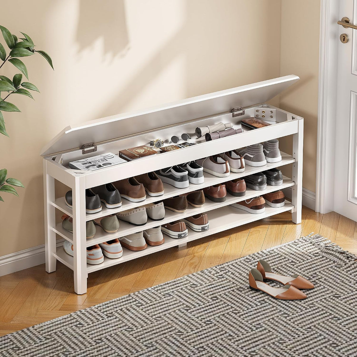 iunvr shoe rack bench seat rubberwood 3-tier wooden, main product view
