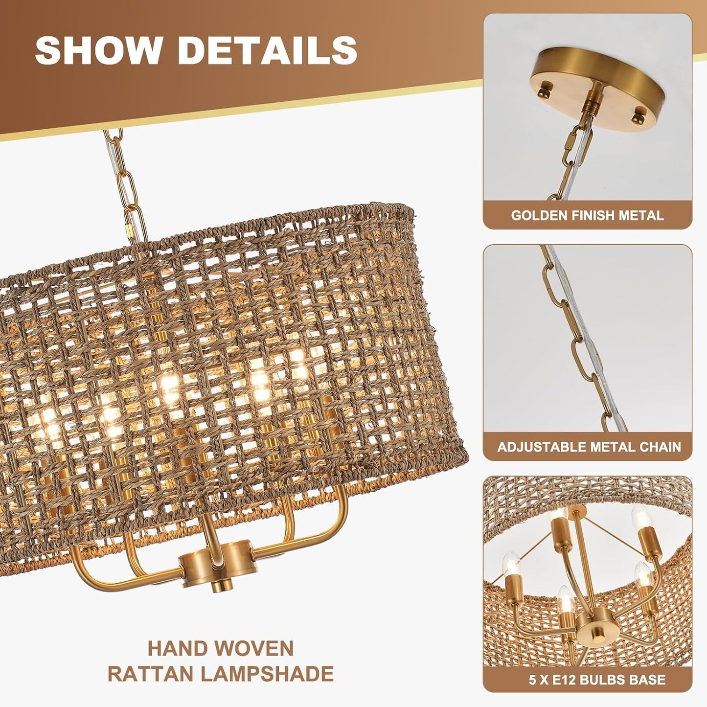 19.7" Gold Rattan Chandelier, 5-Light Boho Wicker Light Fixture | Hand-Woven Rattan Pendant Light; Adjustable Chain; Farmhouse Basket Drum Chandeliers for Dining Room, Kitchen Island, Bedroom
