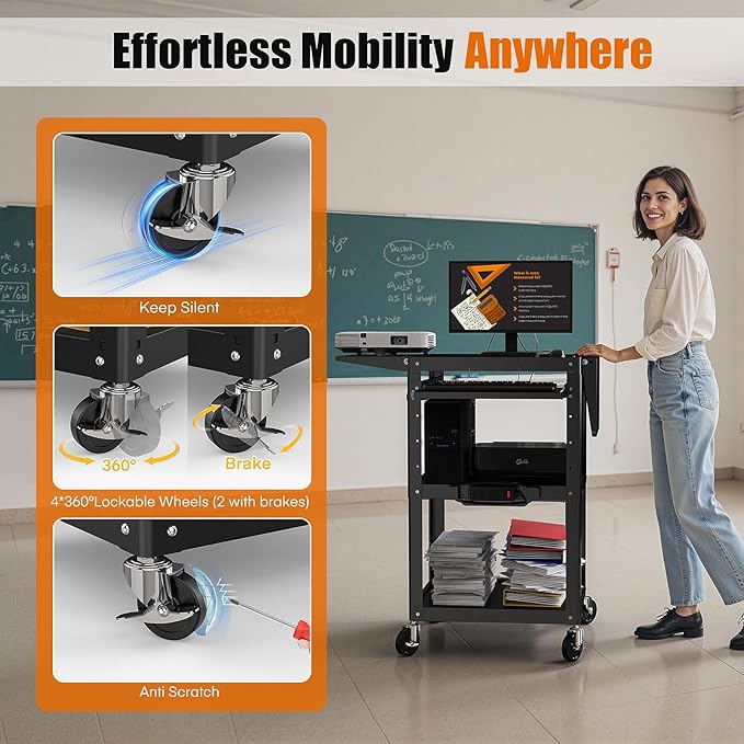 All-Steel Rolling AV Cart with Adjustable Height & Built-in Power – Heavy-Duty - Image 5