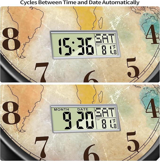 Modern Round Retro Digital and Analog Wall Clock Silent Calendar Colorful World - Image 3