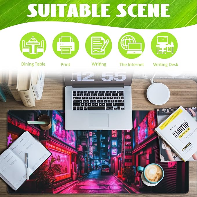 Eflxamz Desk Mat, Japanese Anime Neon Street Desk Pad, Anime City Large Gaming - Image 3
