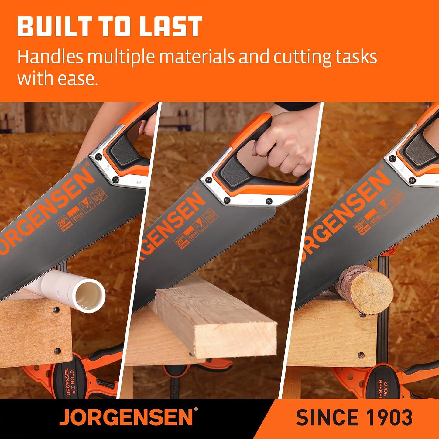 JORGENSEN 20-Inch Hand Saw, 11 TPI Coarse Blade for Wood Cutting | Black-Coated Blade with Ergonomic Non-Slip Aluminum Handle for Sawing, Trimming, Gardening, Pruning, and PVC Cutting