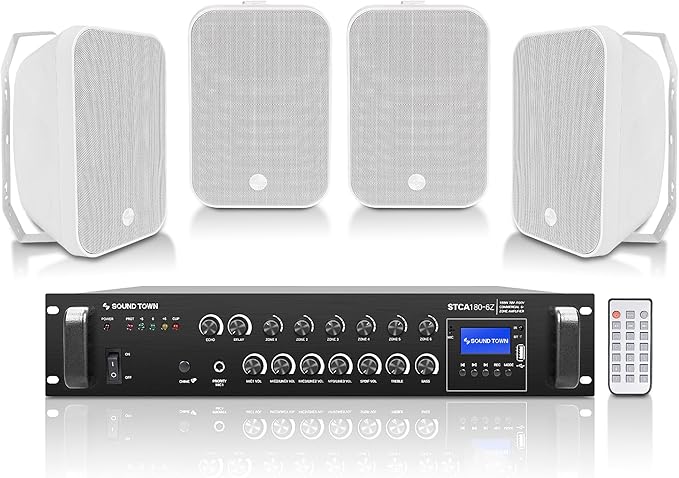 Sound Town Commercial Restaurant Bluetooth Amplifier + Surface-Mount Speaker Set by SOUNDTOWN