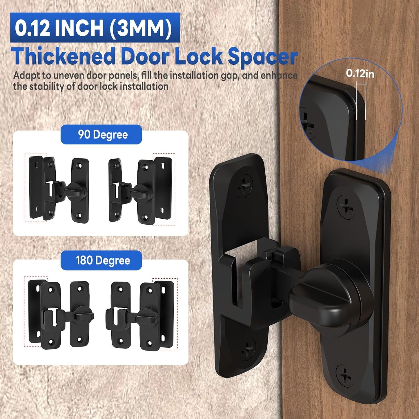 90/180 Degree Sliding Barn Door Locks and Latches, Black, 1 PC | Sturdy Aluminum Alloy, Proof Door Lock for Inside Barn Door, Screen Door, Bathroom, Closet, Cabinet, Screws & Spacer Included