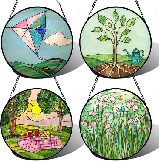 AMDERVEN Stained Glass Window Hanging 4 Pcs Set Pink Green Spring Saplings by amderven