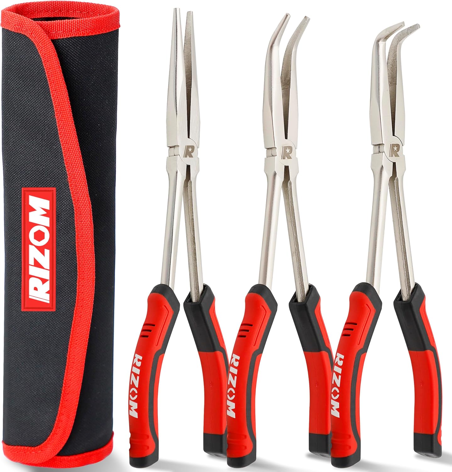 Rizom 3-Piece Long Needle Nose Plier Set, 11'' 90° & 45° Bent Nose Pliers | Cr-V Extra Long Curved Nose Pliers Set For Narrow Spaces