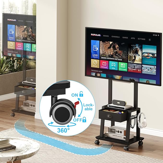 Mobile TV Stand with Drawer for 23-60 Inch Flat/Curved Screen, Tilt Rolling TV - Image 3
