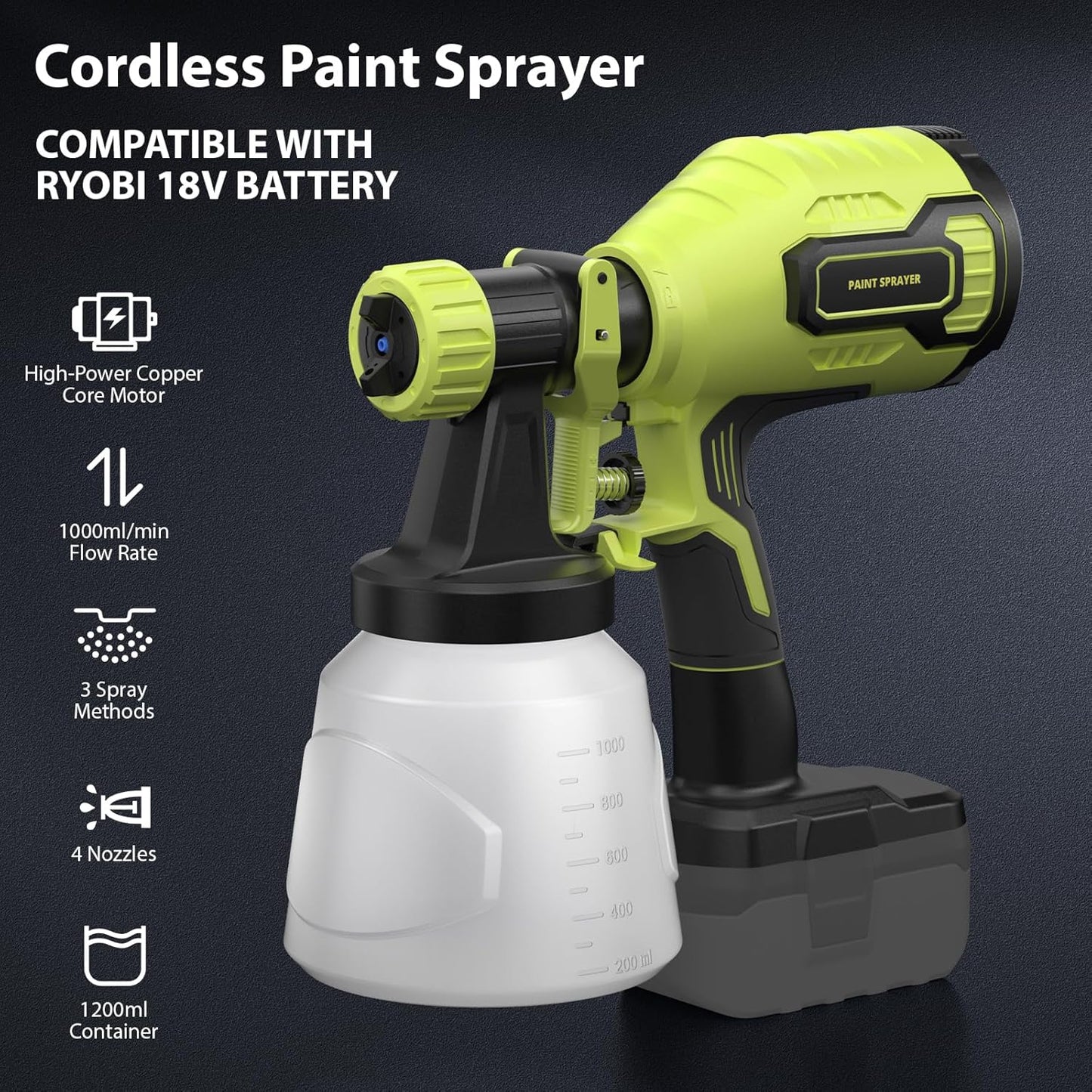 Paint Sprayer Compatible with Ryobi 18V Battery(Battery Not Included) | 1000ml/min High Flow,1000ml Container,150 Din/s Max Viscosity,Paint Sprayer for Furniture