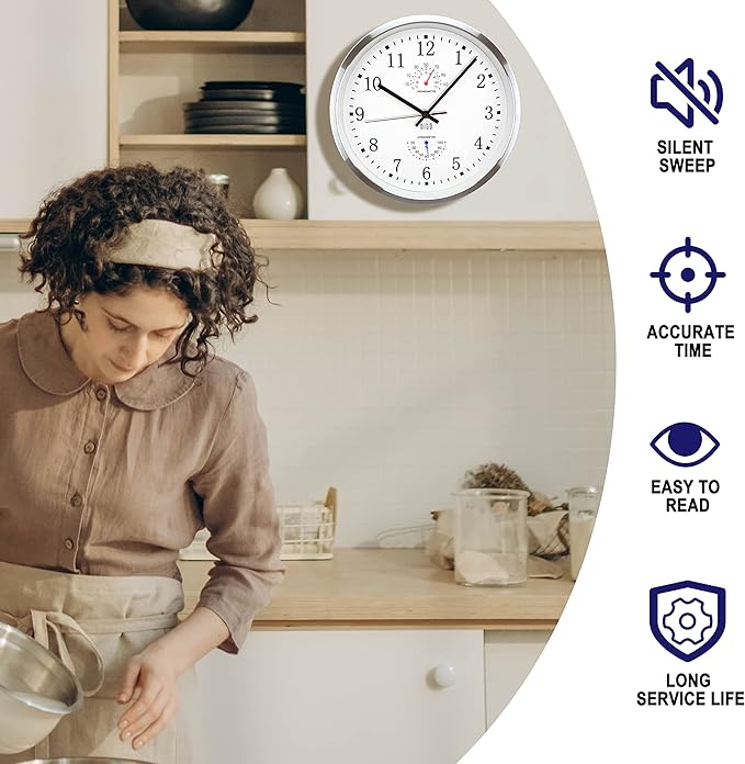HITO 12 Inch Silent Wall Clock Battery Operated Non Ticking Glass Cover Silver - Image 4