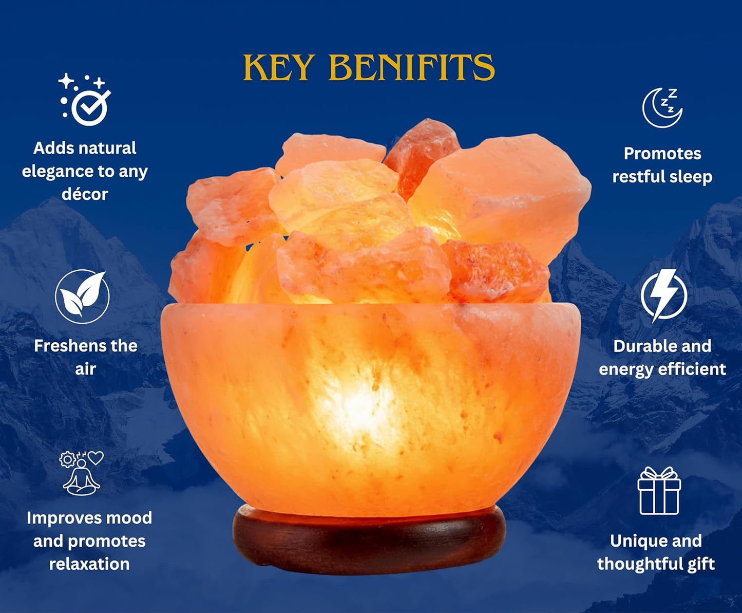 Himalayan Salt Lamp Bowl with Natural Crystal Chunks, Dimmer Cord and Classic Wood Base Premium Quality Authentic from Pakistan