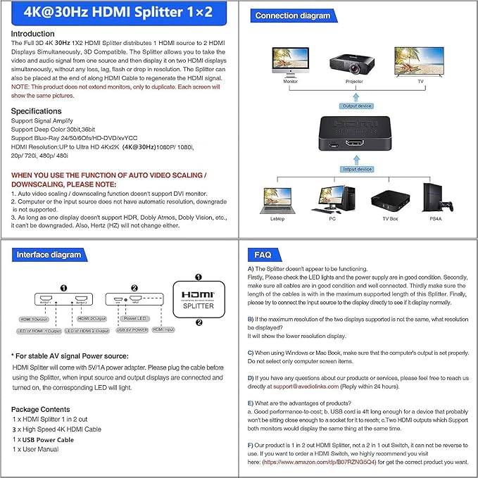 HDMI Splitter 1 in 2 Out【with 3HDMI Cables + 1USB Strip Power Cable 】 1×2 Power - Image 9