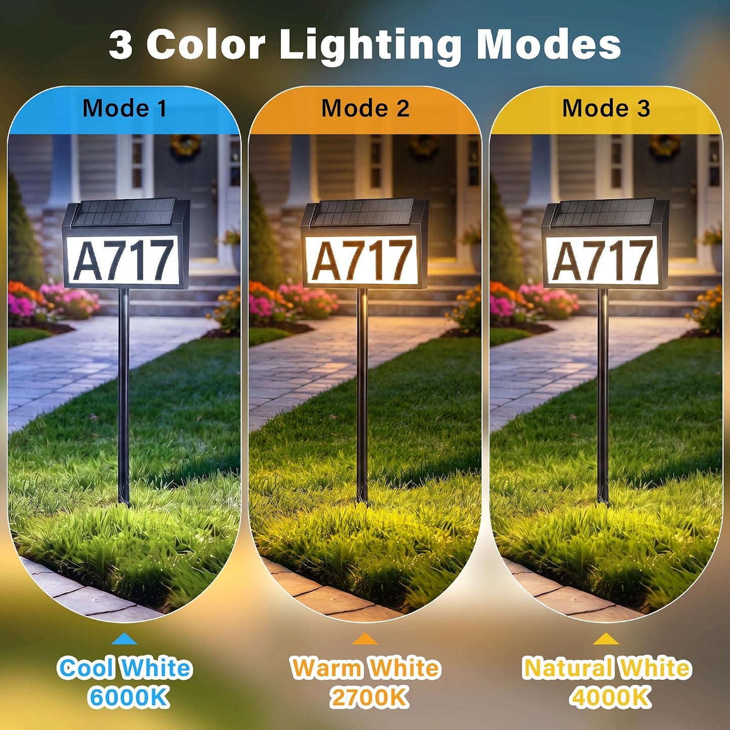 Solar Address Sign, 3 Modes House Number Sign with Adjustable Panel | LED Lighted Address Numbers, Wall Mounted & In Ground, Waterproof, DIYable Address Plaque with Stake for Yard House Garden
