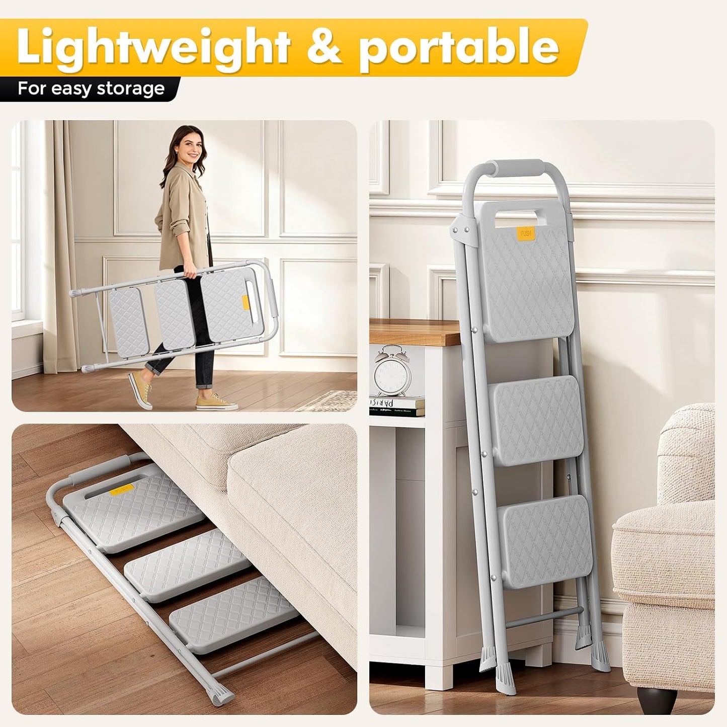 KINGRACK 3 Step Ladder, Folding Step Stool with Safety Lock & Sturdy Anti-Slip Pedals, Pass 800lbs Load Testing, Lightweight, Portable Steel Ladder with Handrails for Home, Kitchen, Garage, Office