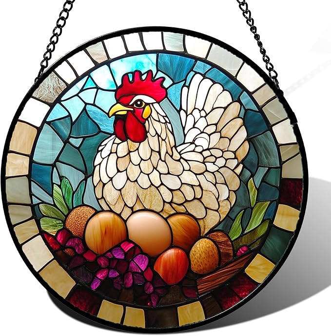 DASTOLL Stained Glass Window Hanging White Chicken Hatching Eggs 7.8" by DASTOLL