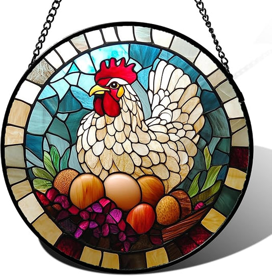DASTOLL Stained Glass Window Hanging White Chicken Hatching Eggs Large 11.8" by DASTOLL