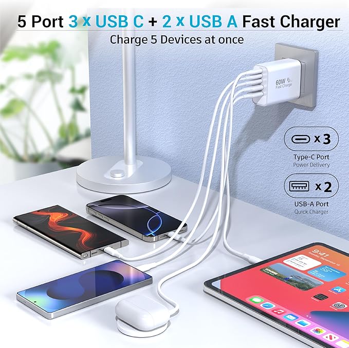 USB C Charger Block, 60W 5 Ports USBC Wall Charger Plug Fast Charging, iPhone - Image 4