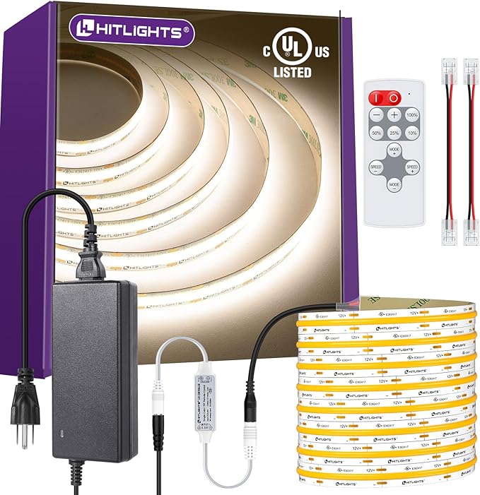 HitLights White COB LED Strip Lights Kit 4000K, Dimmable Tape Light by HitLights