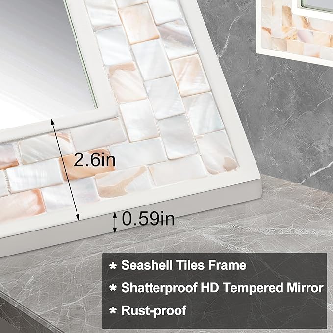 Tanmicoshomy 30 x 40 Inch White Bathroom Mirror, Coastal Natural Shell Framed - Image 6