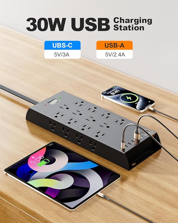 Surge Protector Power Strip 4800J, LeZone 10Ft Long Extension Cord Flat Plug - Image 6