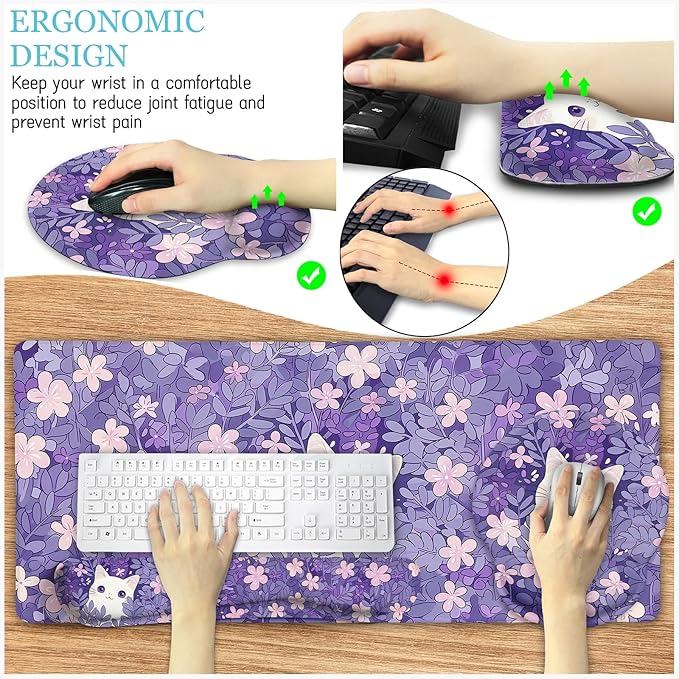 LIMKRIAN Purple Mouse Pad Large Desk Mat Set, Kawaii Cat Computer Mouse Pad - Image 5
