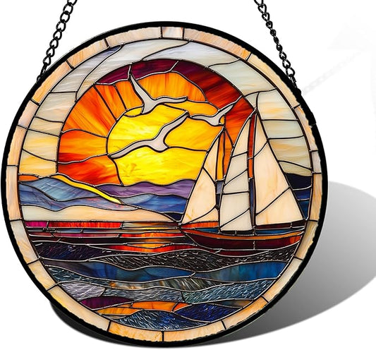 DASTOLL Stained Glass Window Hanging, Sun Ocean Sailboat Seagull Abstract by DASTOLL